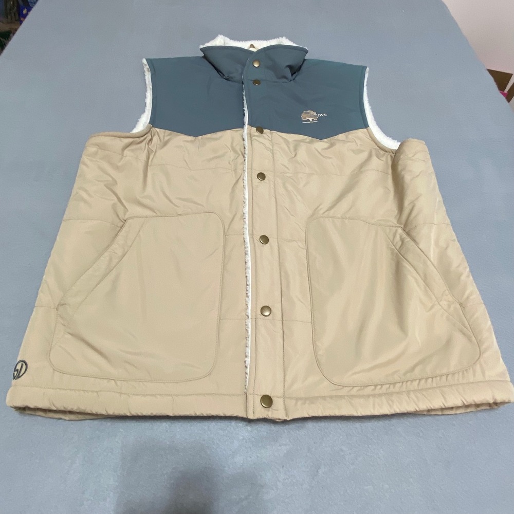 Straight Down Mens XL The Grove Sherpa Lined Vest Tan Teal Snap Front Pockets